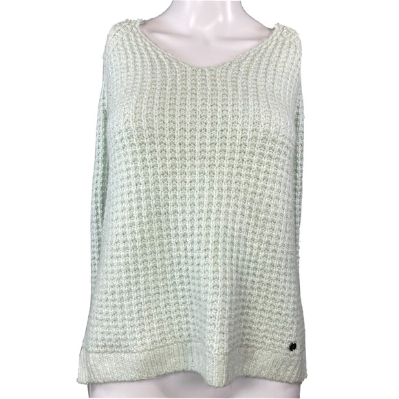 Hollister Sweater Womens Sz S Mint Green Waffle Cotton Knit V-Neck Pullover‎ - Picture 1 of 8